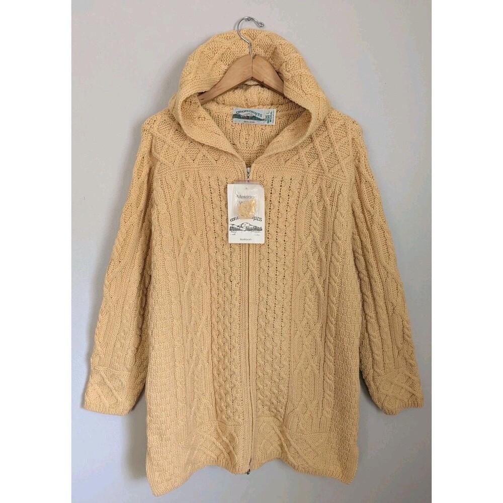 Aran Crafts Ireland Womens L 100% Merino Wool Cable Knit Hooded Sweater Coatigan